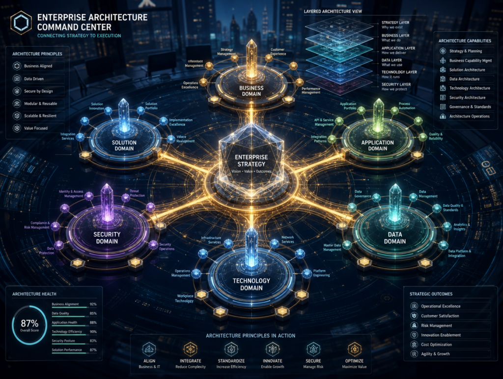 Enterprise architecture hub connecting strategy, domains, and transformation