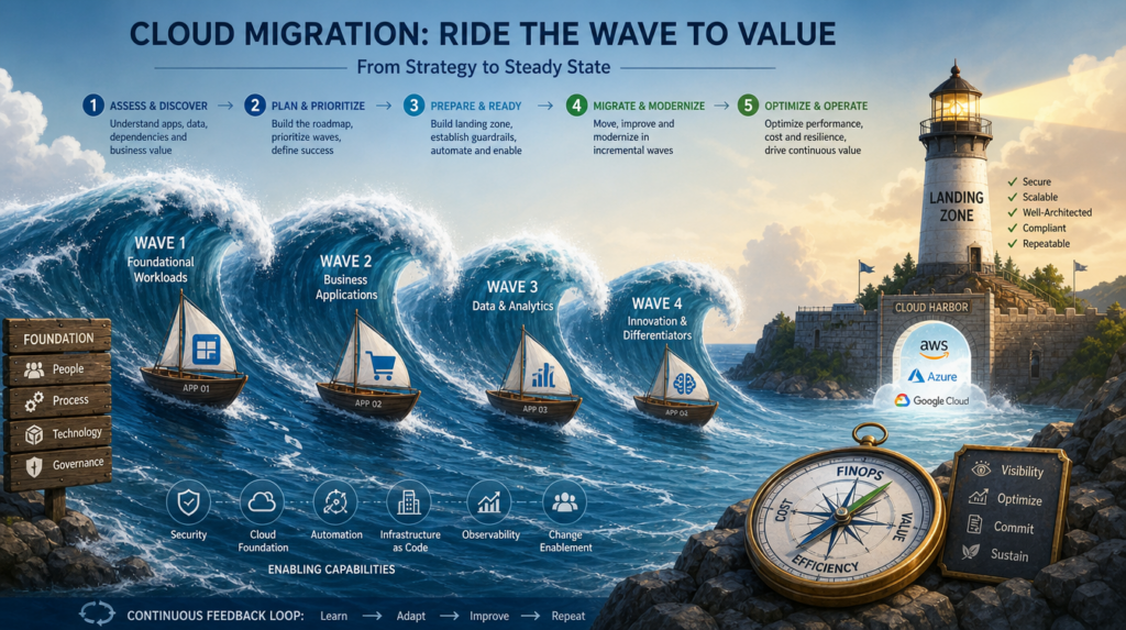 Cloud transformation architecture sequences workload placement, landing zones, migration waves, and retirement to control…