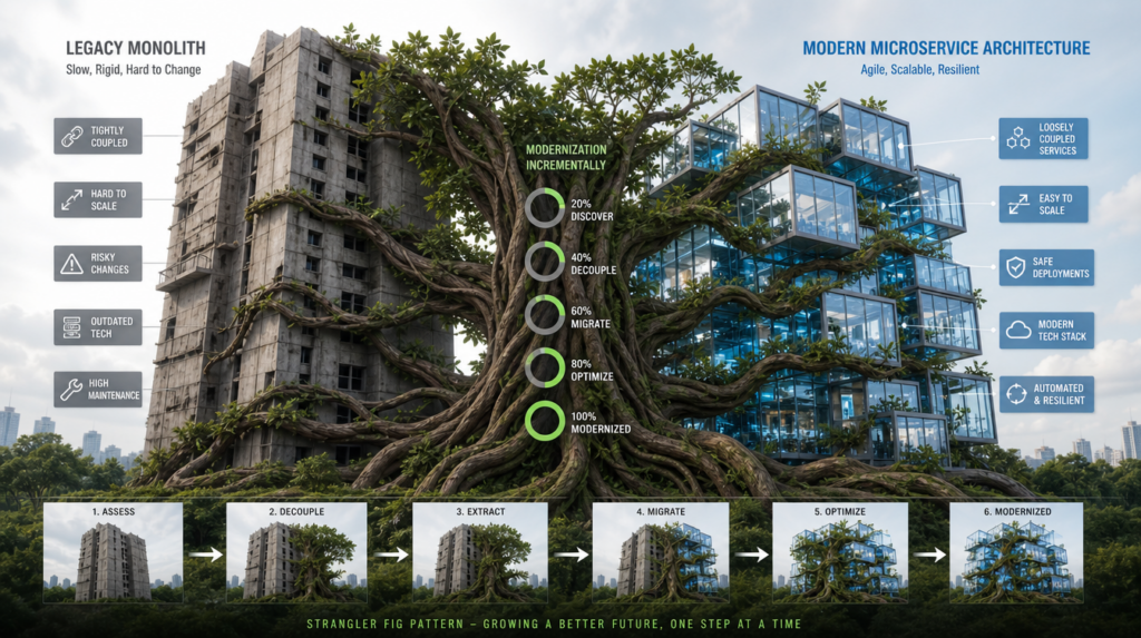 Enterprise architecture diagram: application modernization prioritizes retire, replace, replatform, and refactor based on…