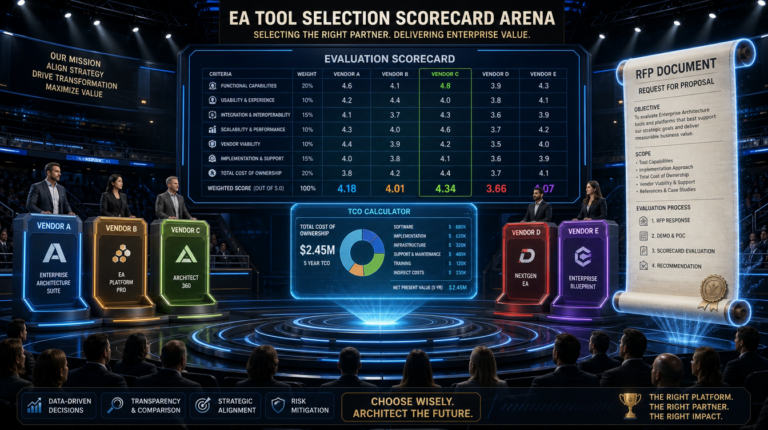 Tool Selection Timeline | Larkinized EA Hub Enterprise architecture diagram: select and implement EA tools based on use cases, integrations, and adoption capacity—not…