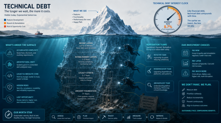 Enterprise architecture diagram: architects quantify, prioritize, and govern technical debt as portfolio risk—not ignore it…