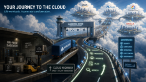 Cloud transformation architecture landing zones and migration waves | Larkinized EA Hub Enterprise architecture diagram: cloud transformation — landing zones, guardrails, workload placement, and phased migration…